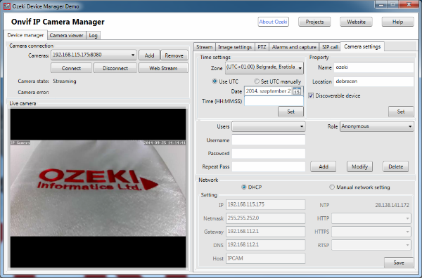 general and security settings in the onvif ip camera manager