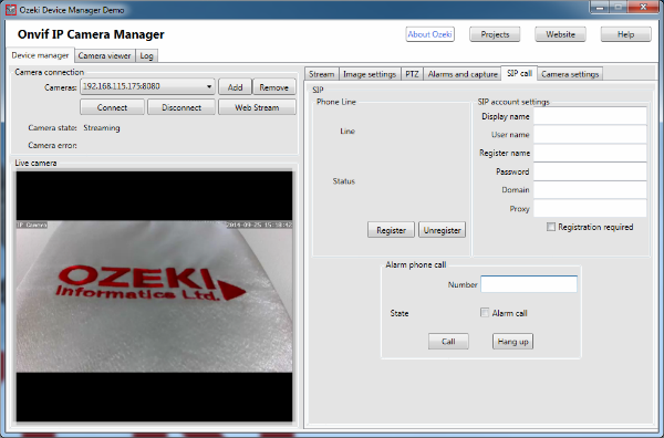 sip call settings in the onvif ip camera manager