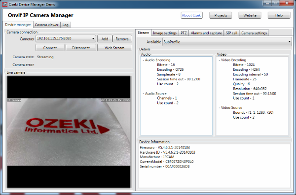 image of the ip camera and its device informatino in the onvif ip camera manager