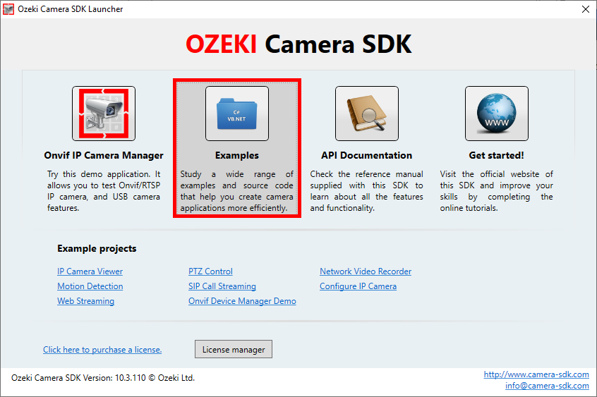 graphical user interface of ozeki camera sdk example programs documentation
